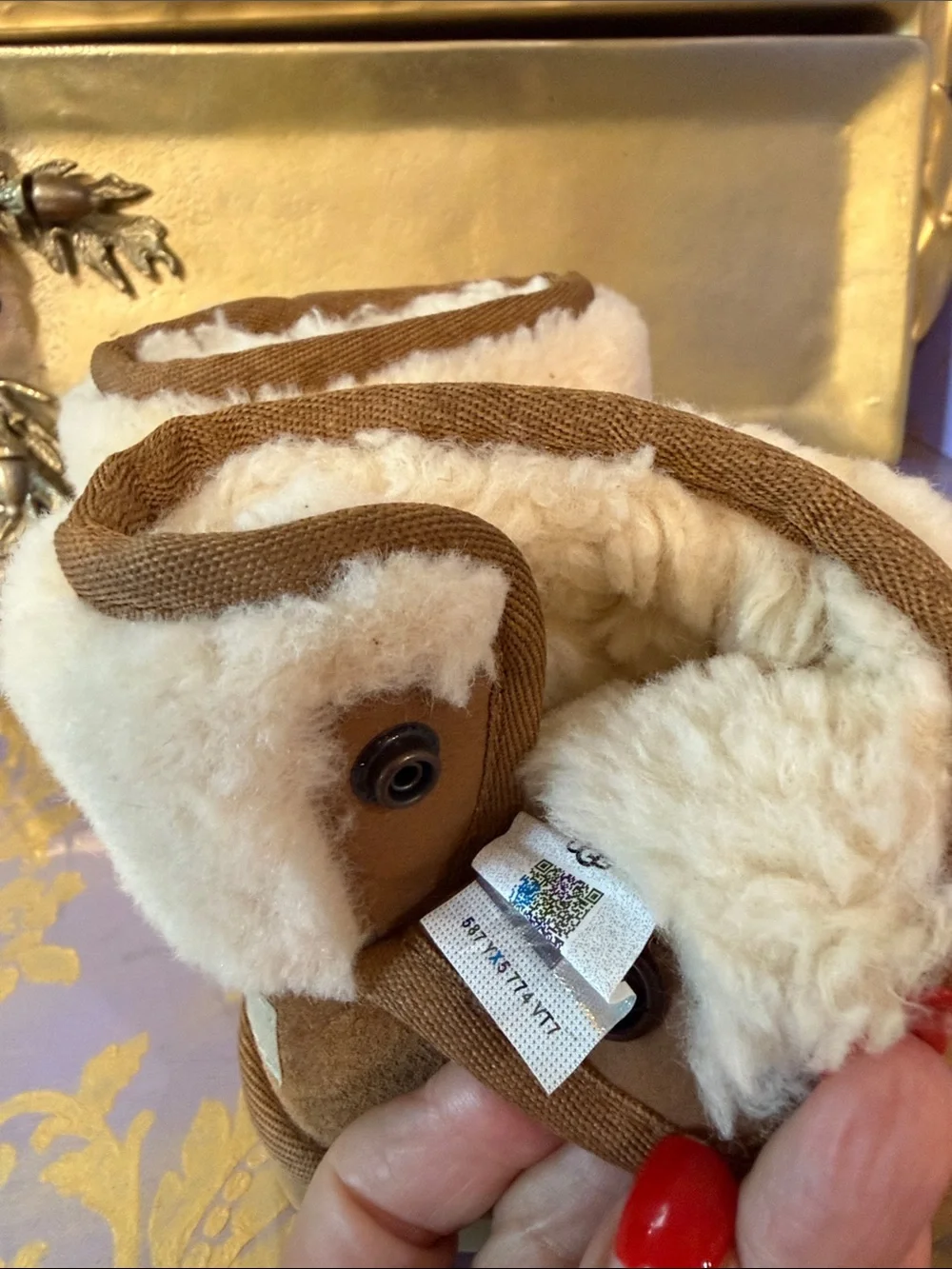 UGG Chestnut Suede Shearling Cuff Kids Slippers